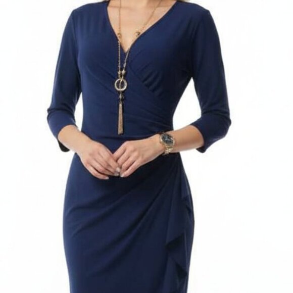 NWOT Nina Leonard Navy Blue Size M Faux Wrap Dress with Flattering Side Drape - Picture 3 of 11